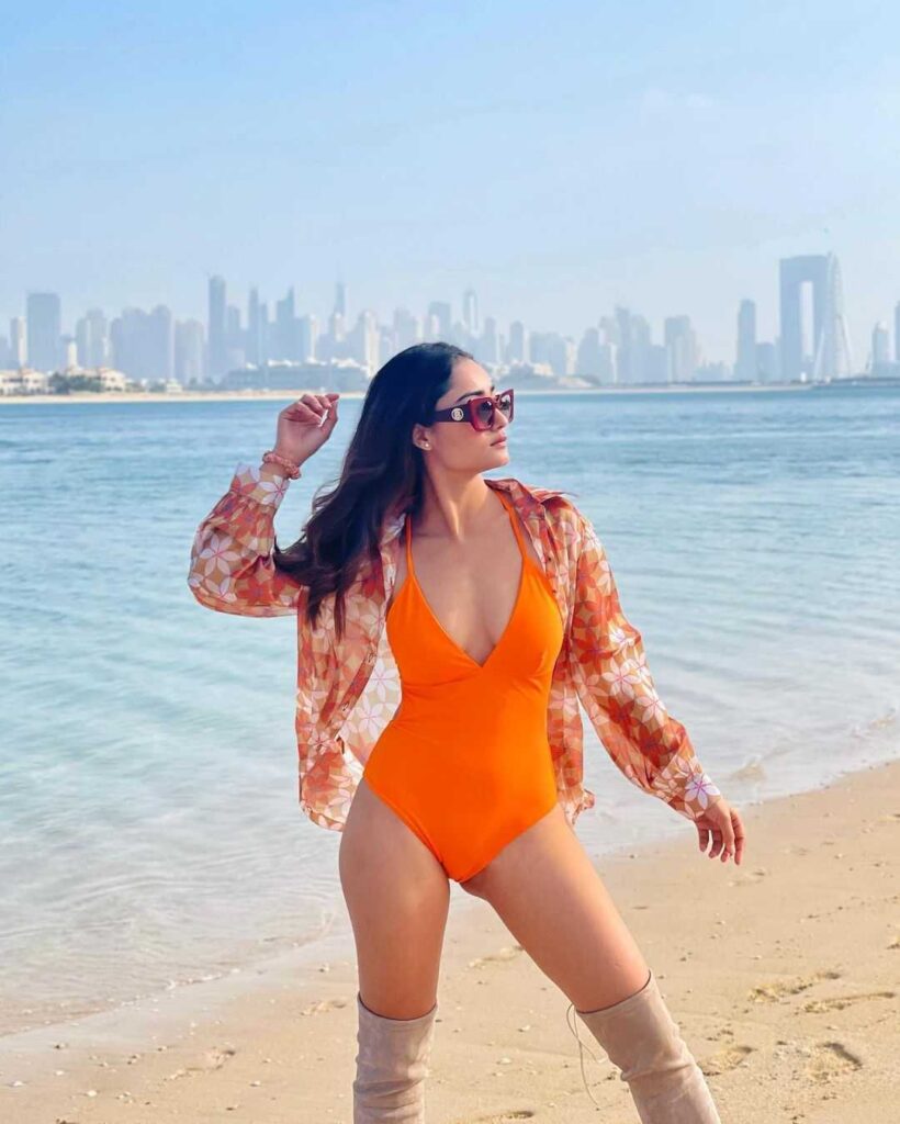 Tridha Choudhury  in Hot Orange Swimsuit HD Image
